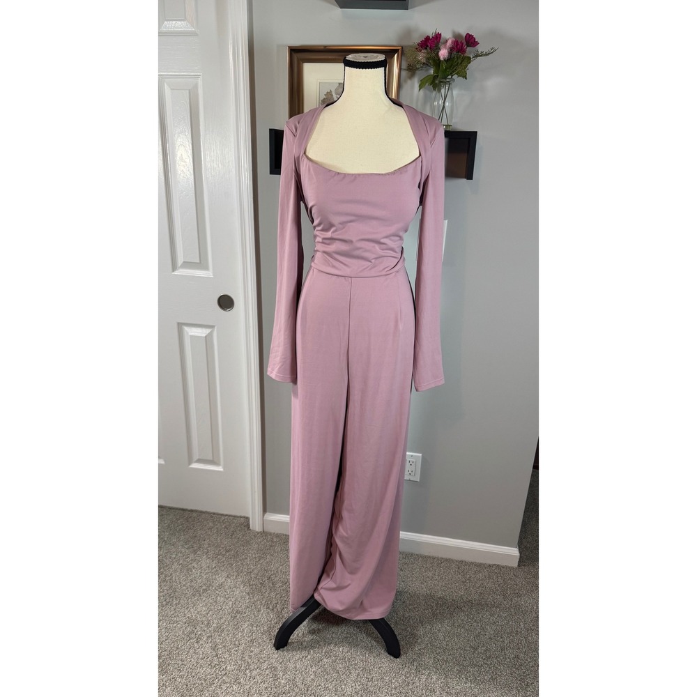Halara Mauve Pink Square Neck Long Sleeve Wide Leg Jumpsuit XL Regular NEW